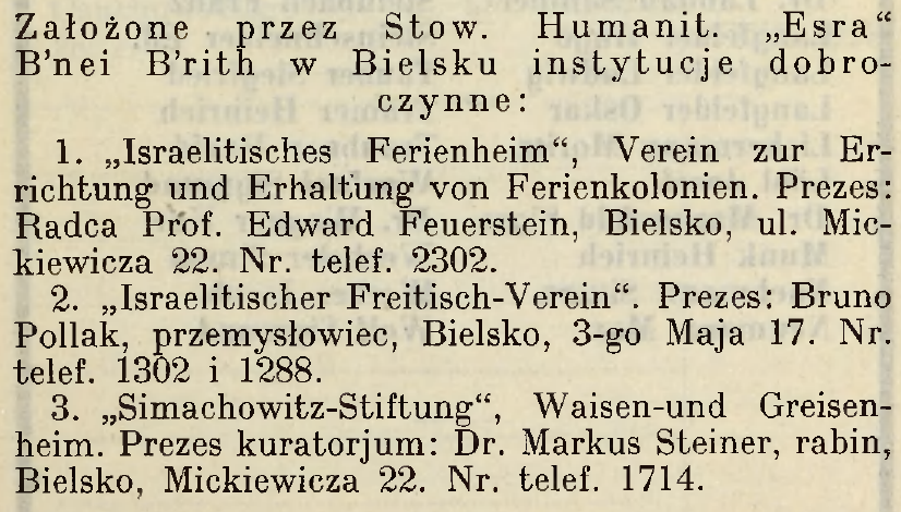 Wykaz trzech instytucji założonych przez Esrę: kolonii wakacyjnych, bezpłatnego stołu i fundacji Simachowitzów, z nazwiskami prezesów.