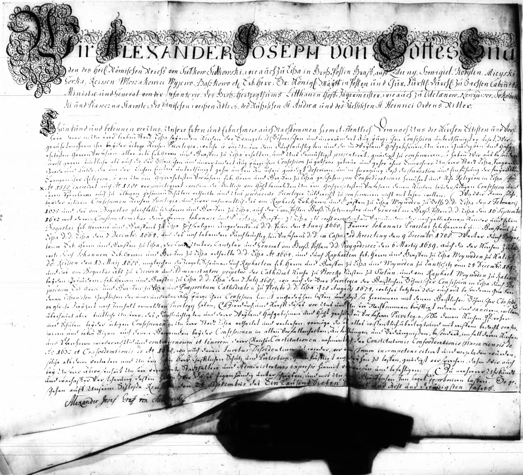 Awers pergaminowego przywileju Aleksandra Józefa Sułkowskiego z 1738 roku, z ozdobnym inicjałem, tekstem niemieckim, podpisem i pieczęcią.