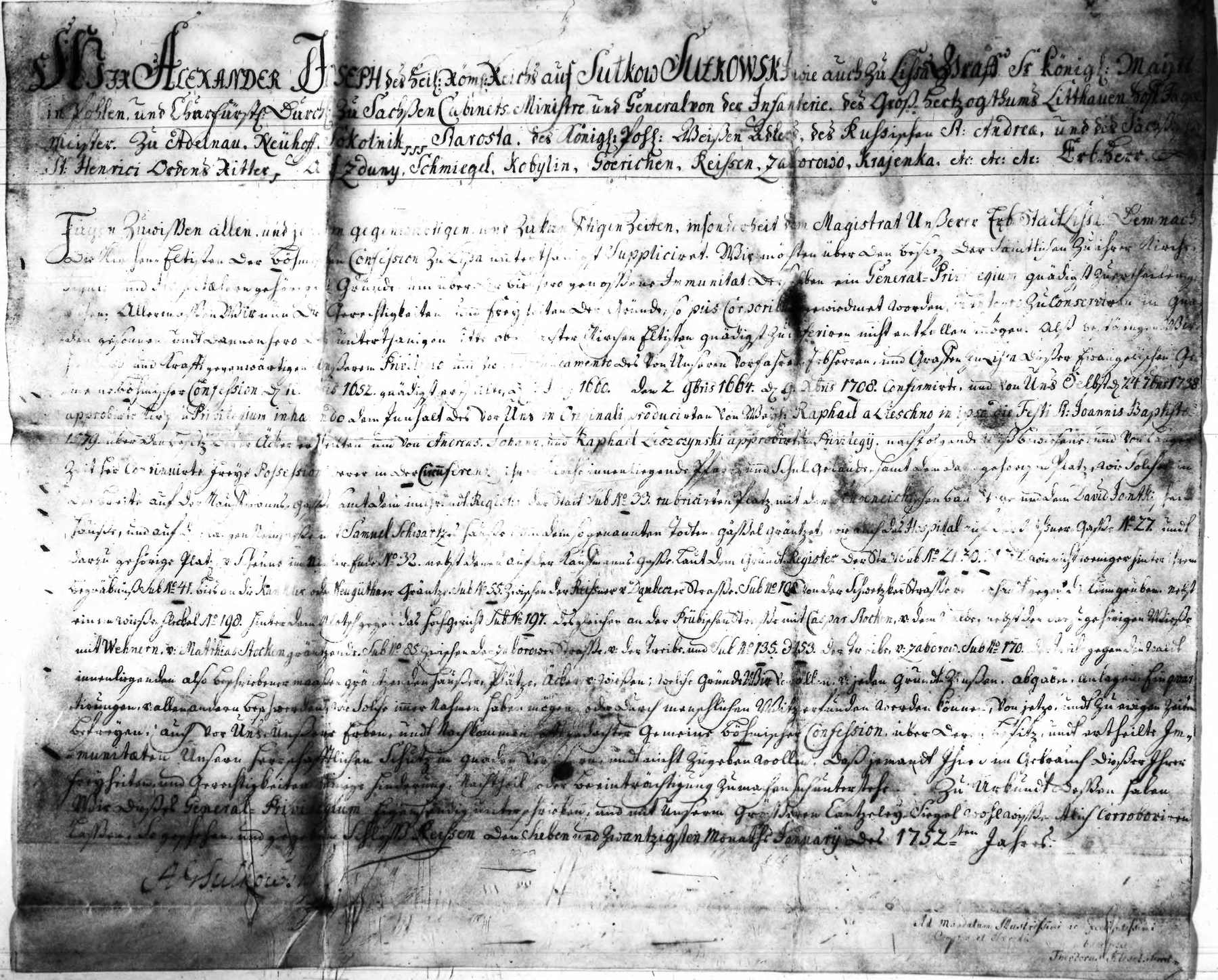 Pergamin Sułkowskiego z 27 stycznia 1752 roku, zapisany niemieckim pismem ręcznym, z wyliczeniami posesji i podpisem u dołu.