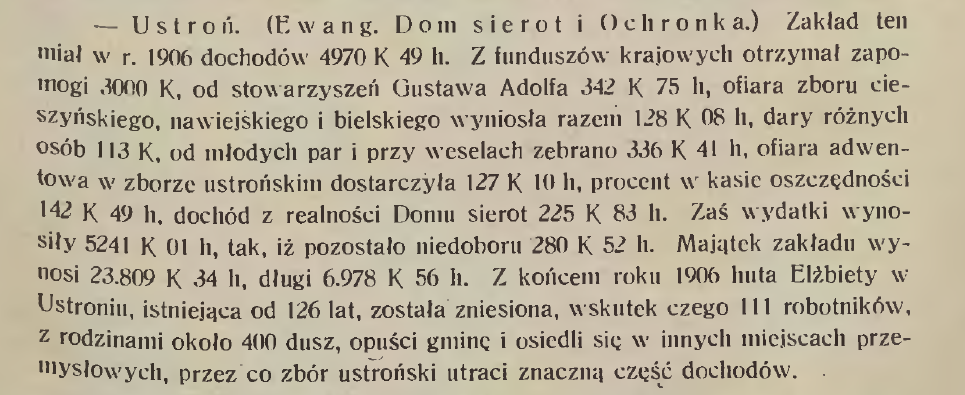 Wiadomość z Ustronia w Przyjacielu Ludu: rozliczenie domu sierot za 1906 rok i obawy związane z zamknięciem huty Elżbiety.